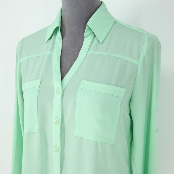 Express Top Womens Small Mint Green The Portofino Shirt Blouse Roll Tab Sleeves - Picture 8 of 15